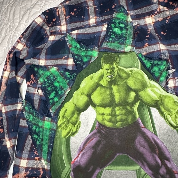 Hulk Marvel Upcycle wrangler flannel bleach distressed - Picture 6 of 11